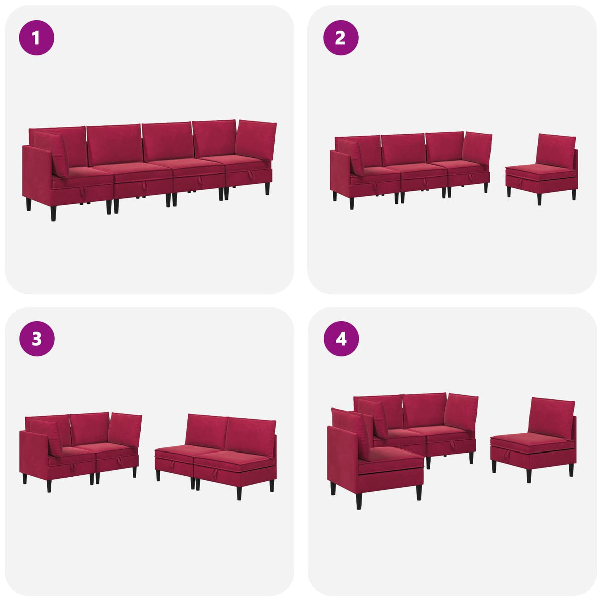 Nappali bútor szett 4 db Bordó Bársony 9