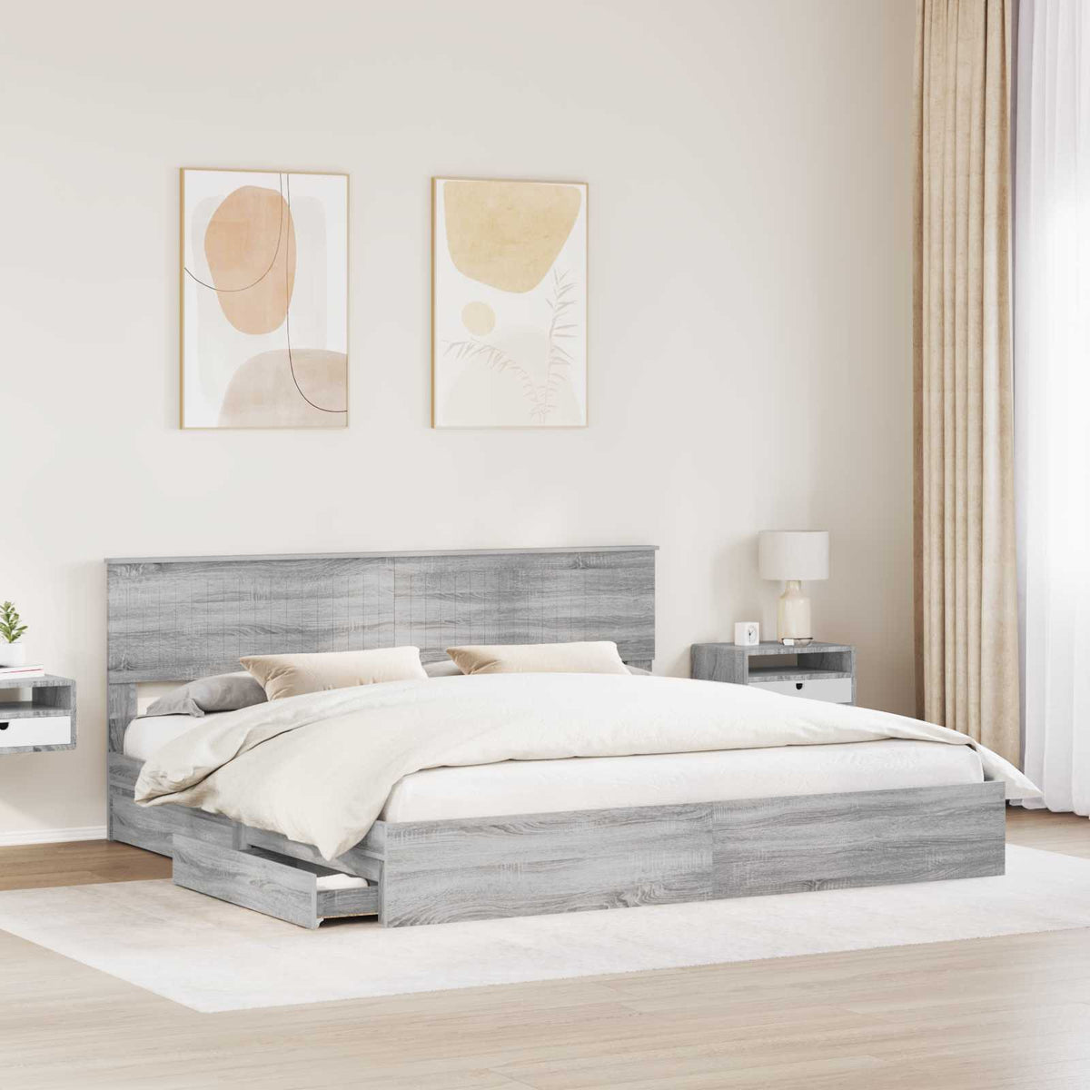 Tárolós Ágy fiókkal Szürke Sonoma 200 x 200 cm Szerelt Fa 3