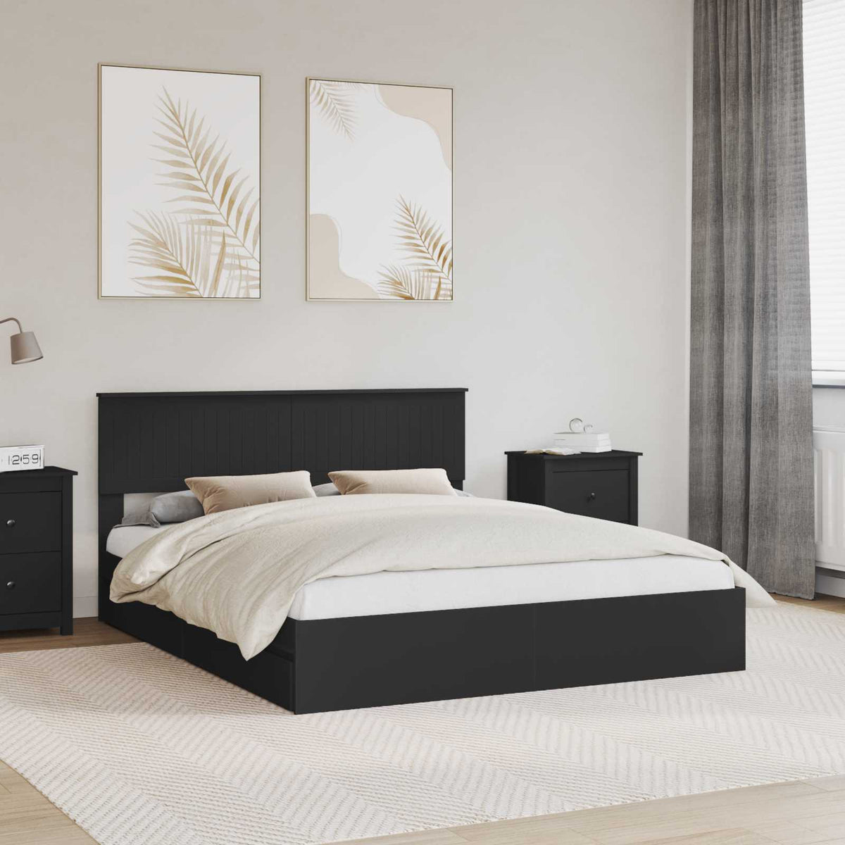 Tárolós Ágy fiókkal fejtámlával Fekete 160 x 200 cm Szerelt Fa