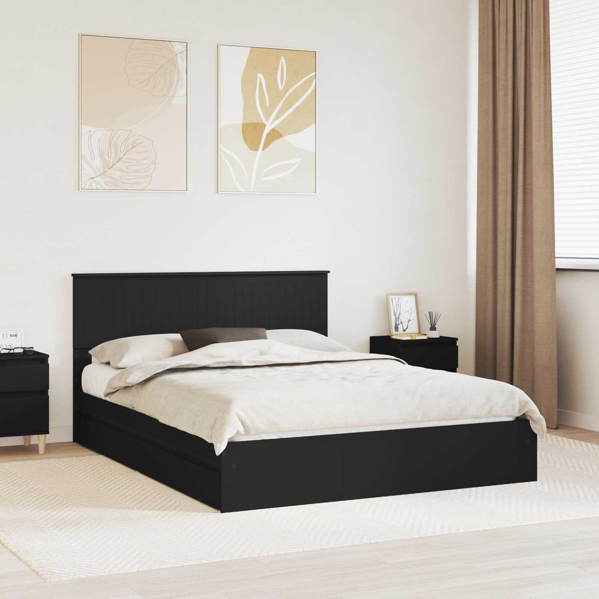 Tárolós Ágy fiókkal fejtámlával Fekete 150 x 200 cm Szerelt Fa