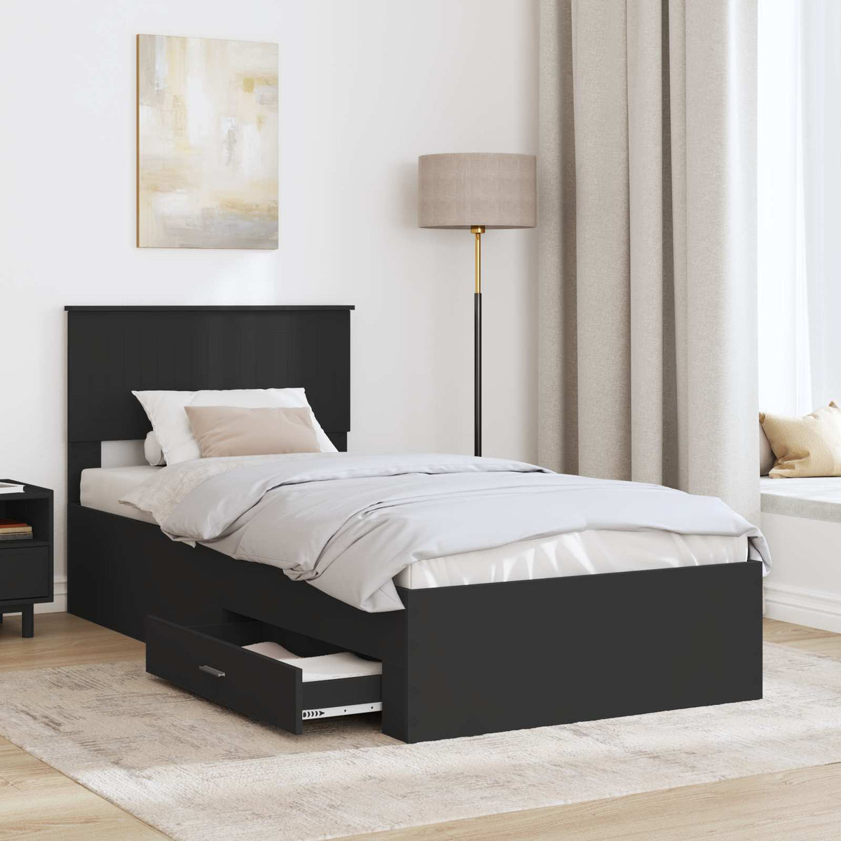 Ágykeret fiókkal fejtámlával Fekete 90 x 200 cm Szerelt Fa 3