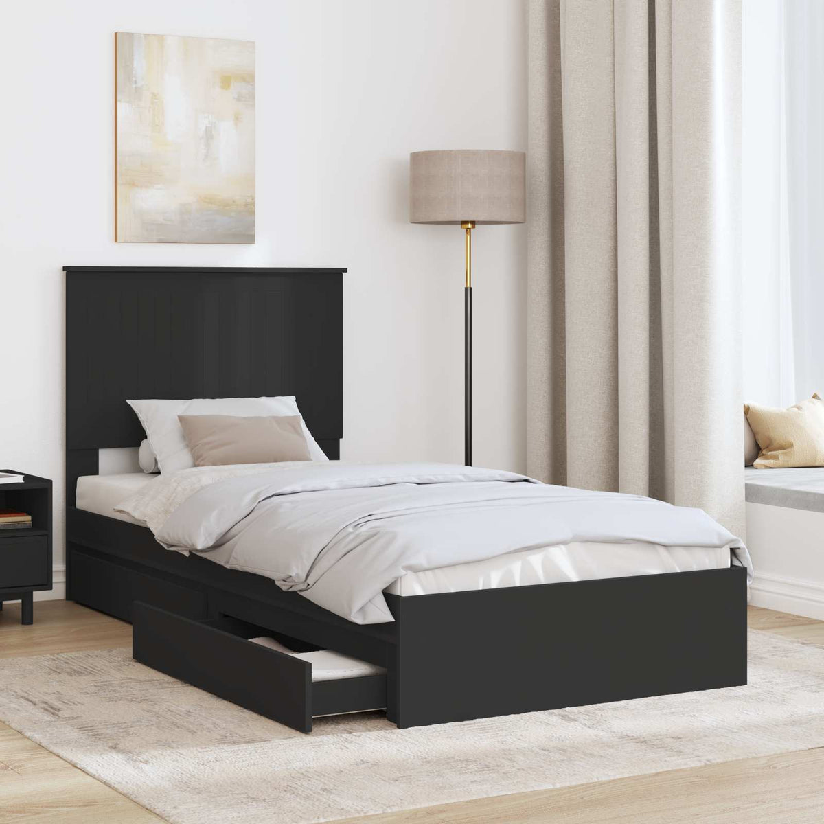 Tárolós Ágy fiókkal fejtámlával Fekete 90 x 200 cm Szerelt Fa 3