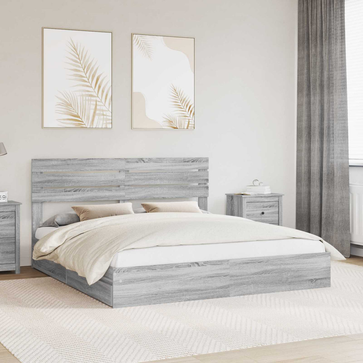 Tárolós Ágy fiókkal Szürke Sonoma 200 x 200 cm Szerelt Fa