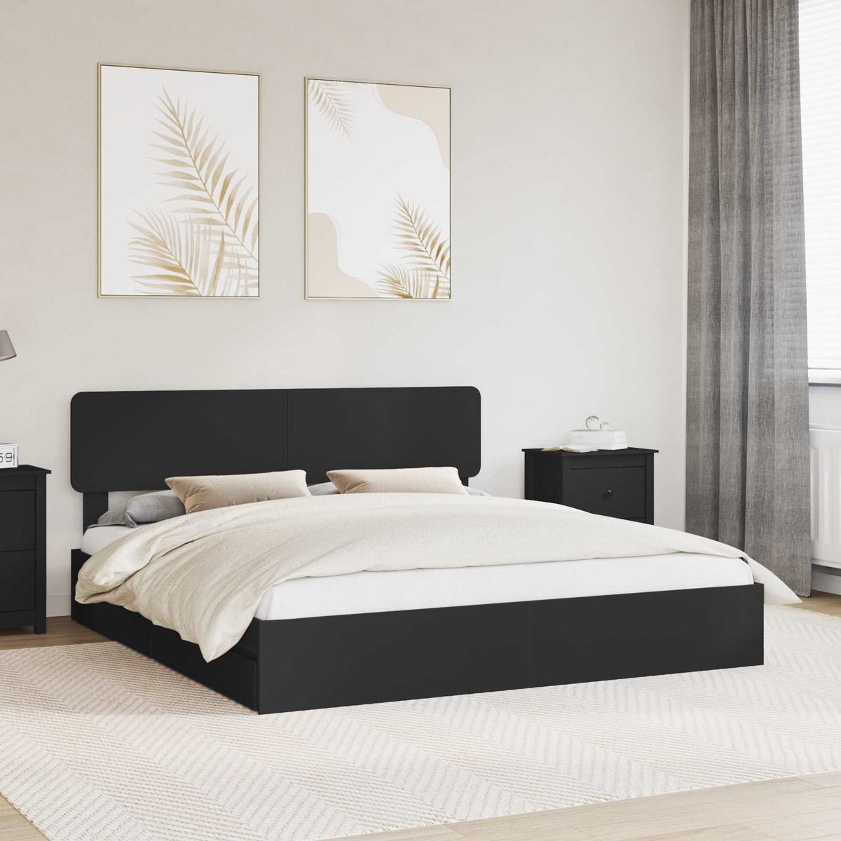 Tárolós Ágy fiókkal fejtámlával Fekete 180 x 200 cm Szerelt Fa