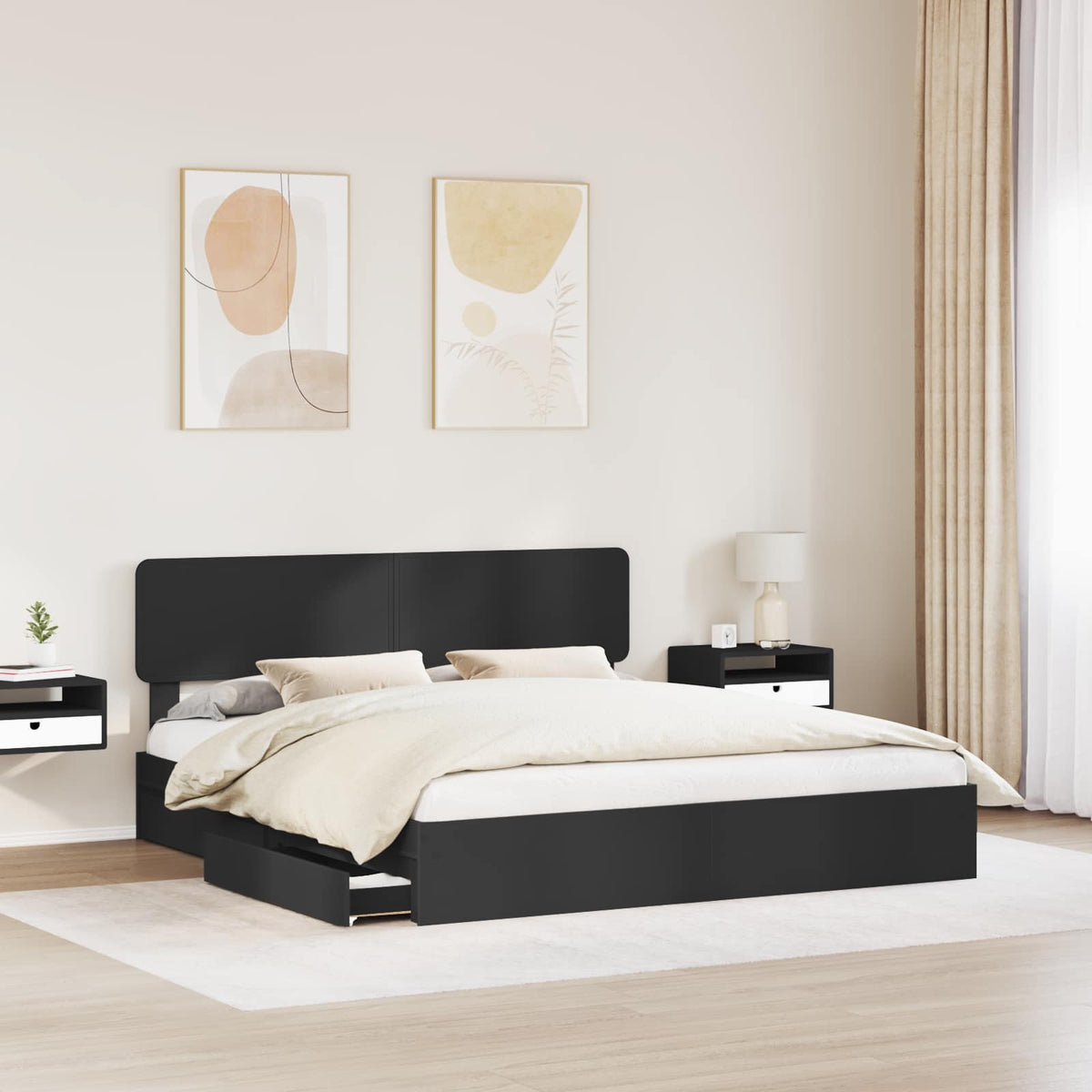 Tárolós Ágy fiókkal fejtámlával Fekete 180 x 200 cm Szerelt Fa 3