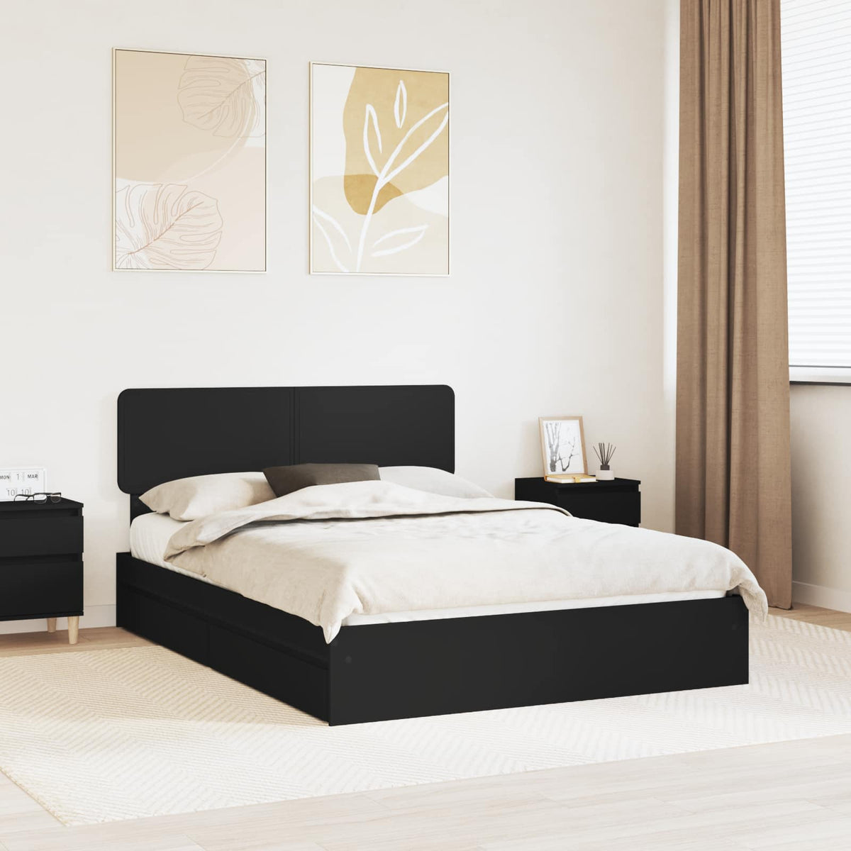 Tárolós Ágy fiókkal fejtámlával Fekete 140 x 200 cm Szerelt Fa