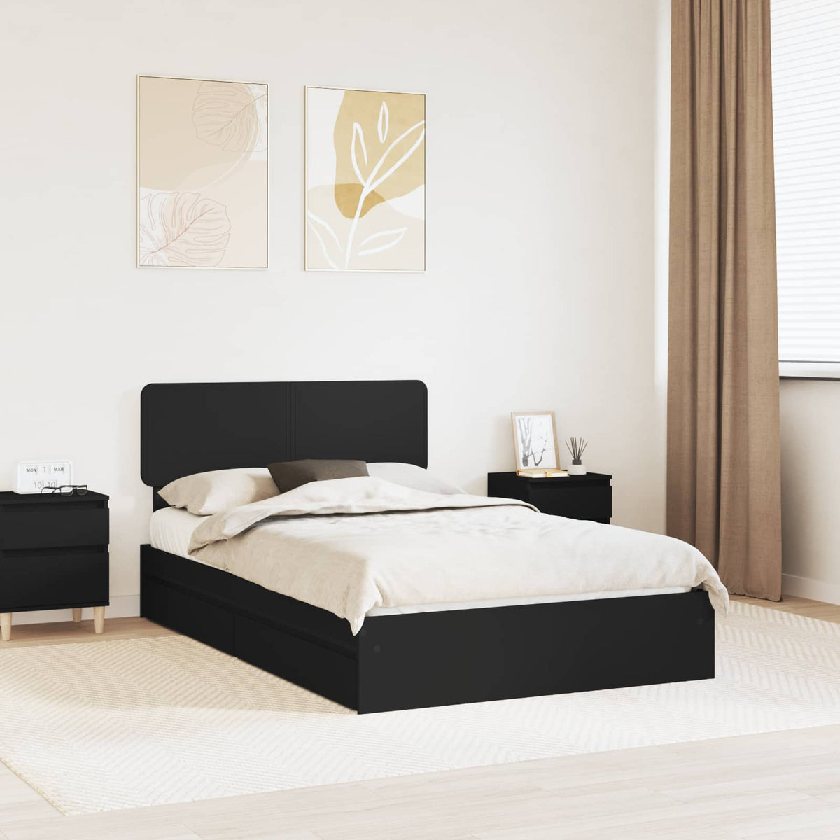 Tárolós Ágy fiókkal fejtámlával Fekete 135 x 190 cm Szerelt Fa