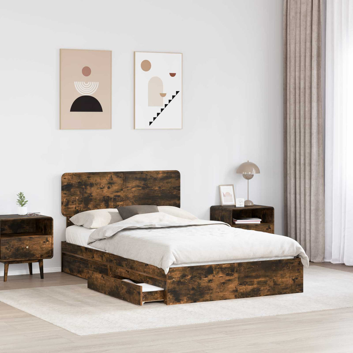 Tárolós Ágy fiókkal Füstölt tölgy 135 x 190 cm Szerelt Fa 3