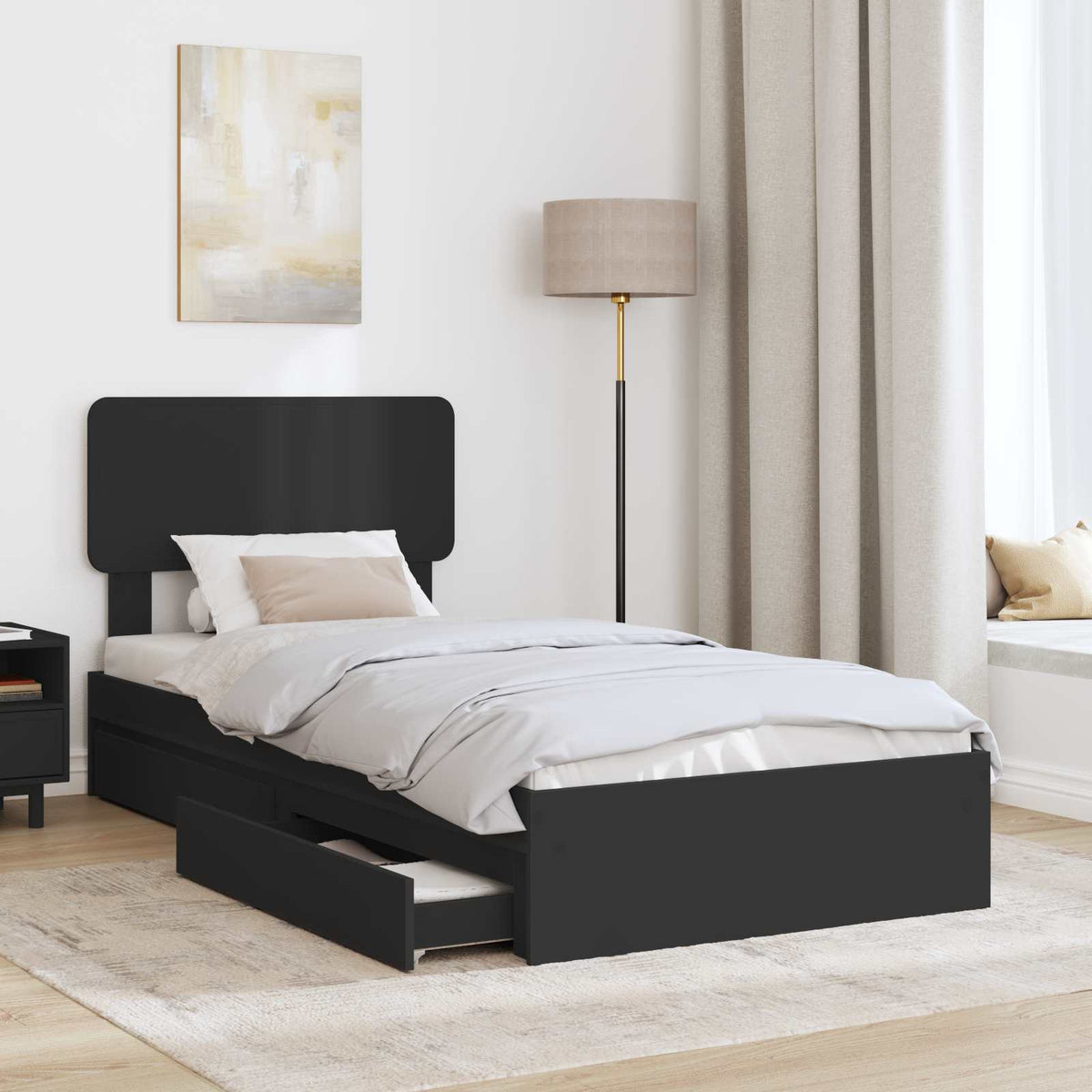Tárolós Ágy fiókkal fejtámlával Fekete 90 x 190 cm Szerelt Fa 3