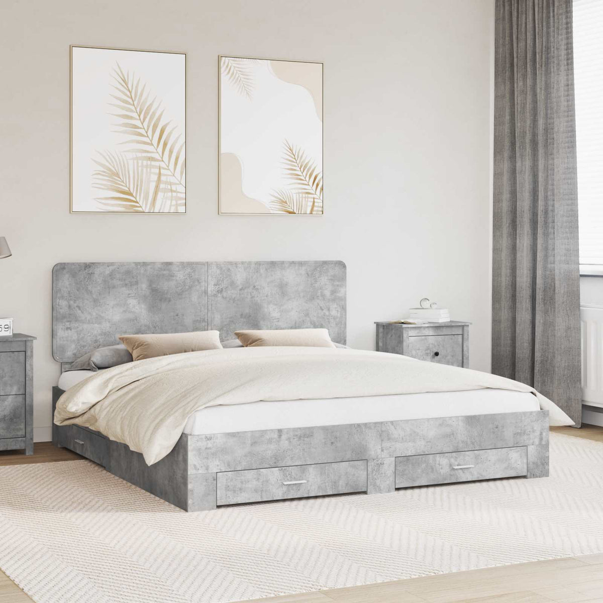 Ágykeret fiókkal tárolóval Beton Szürke 200 x 200 cm Szerelt Fa