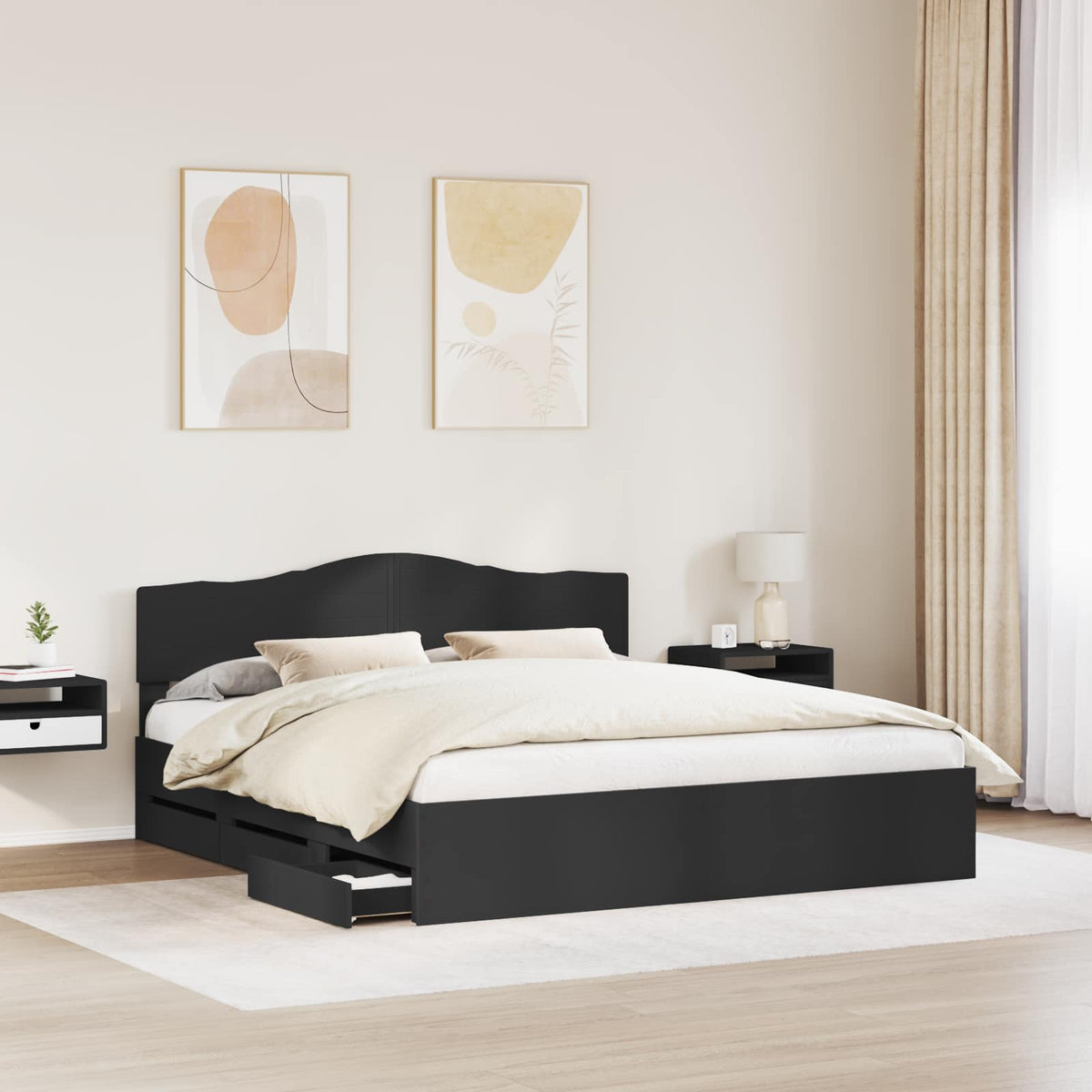 Ágykeret fiókkal fejtámlával Fekete 200 x 200 cm Mérnöki Fa 3