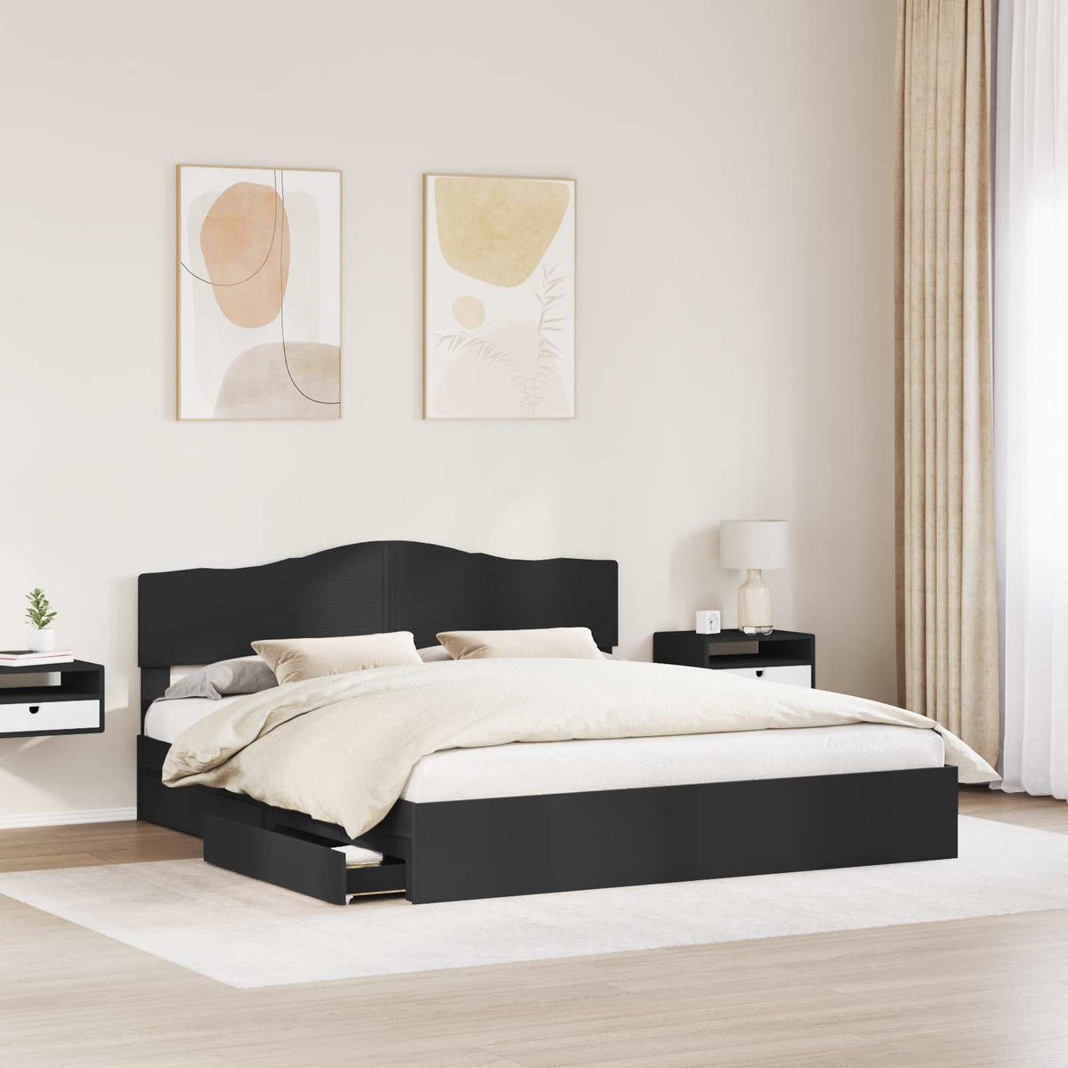Tárolós Ágy fiókkal fejtámlával Fekete 200 x 200 cm Szerelt Fa 3