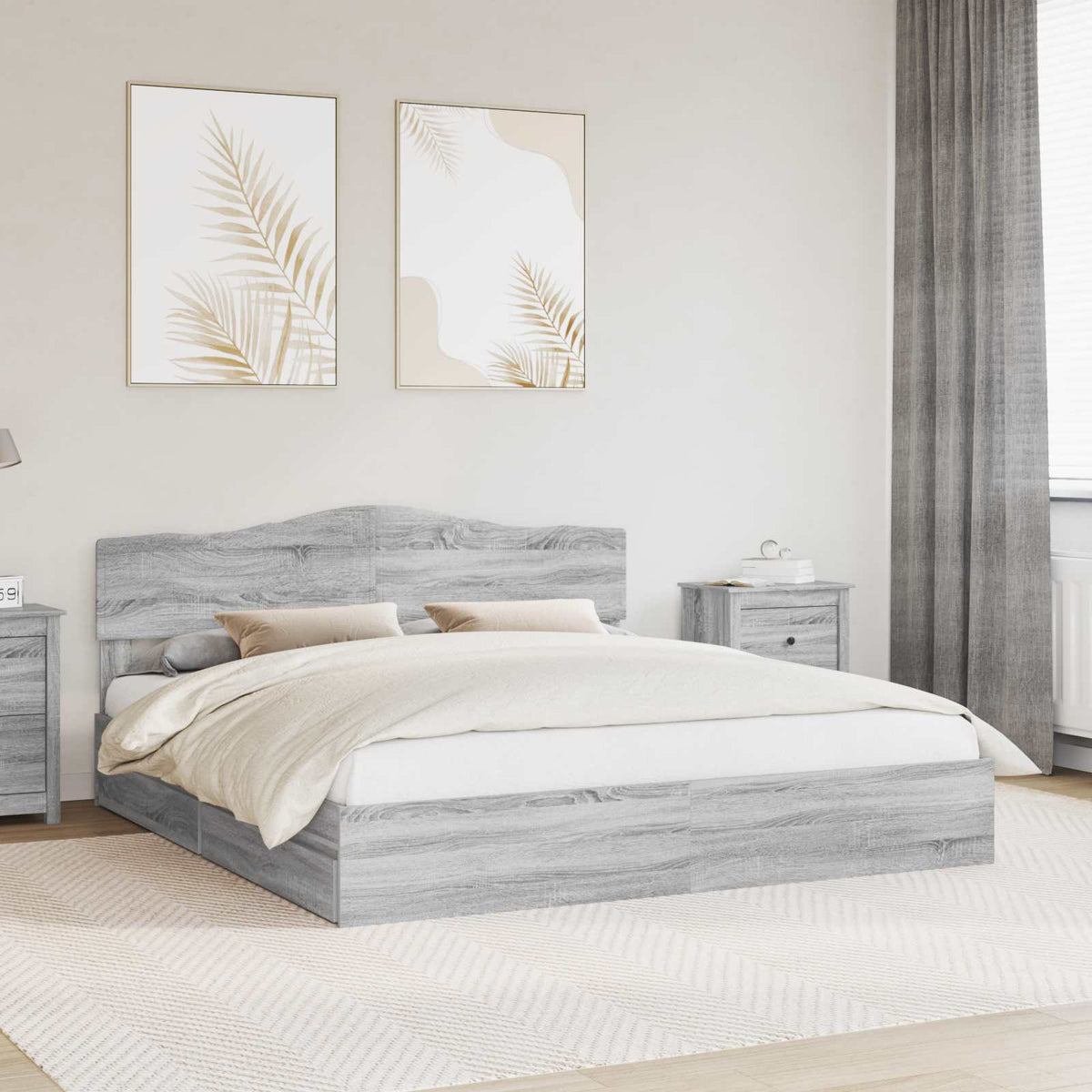 Tárolós Ágy fiókkal Szürke Sonoma 200 x 200 cm Szerelt Fa