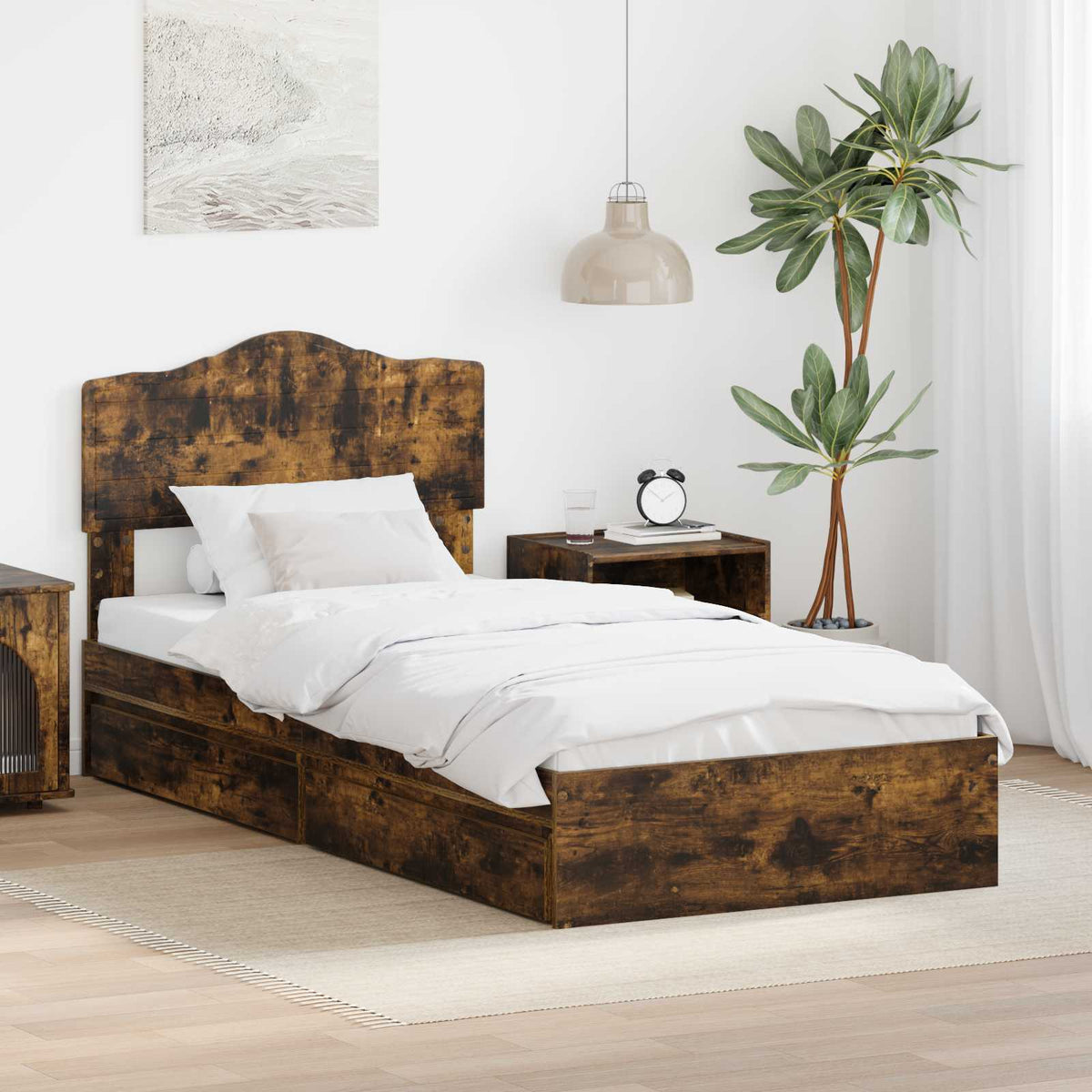 Tárolós Ágy fiókkal Füstölt tölgy 100 x 200 cm Szerelt Fa