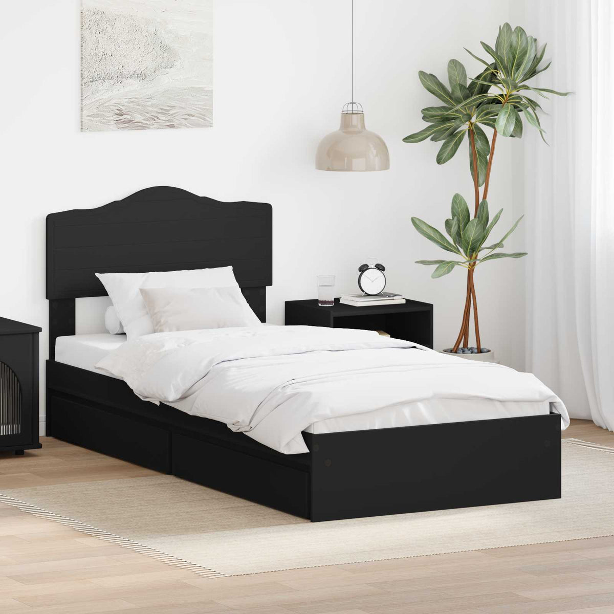 Tárolós Ágy fiókkal fejtámlával Fekete 90 x 190 cm Szerelt Fa