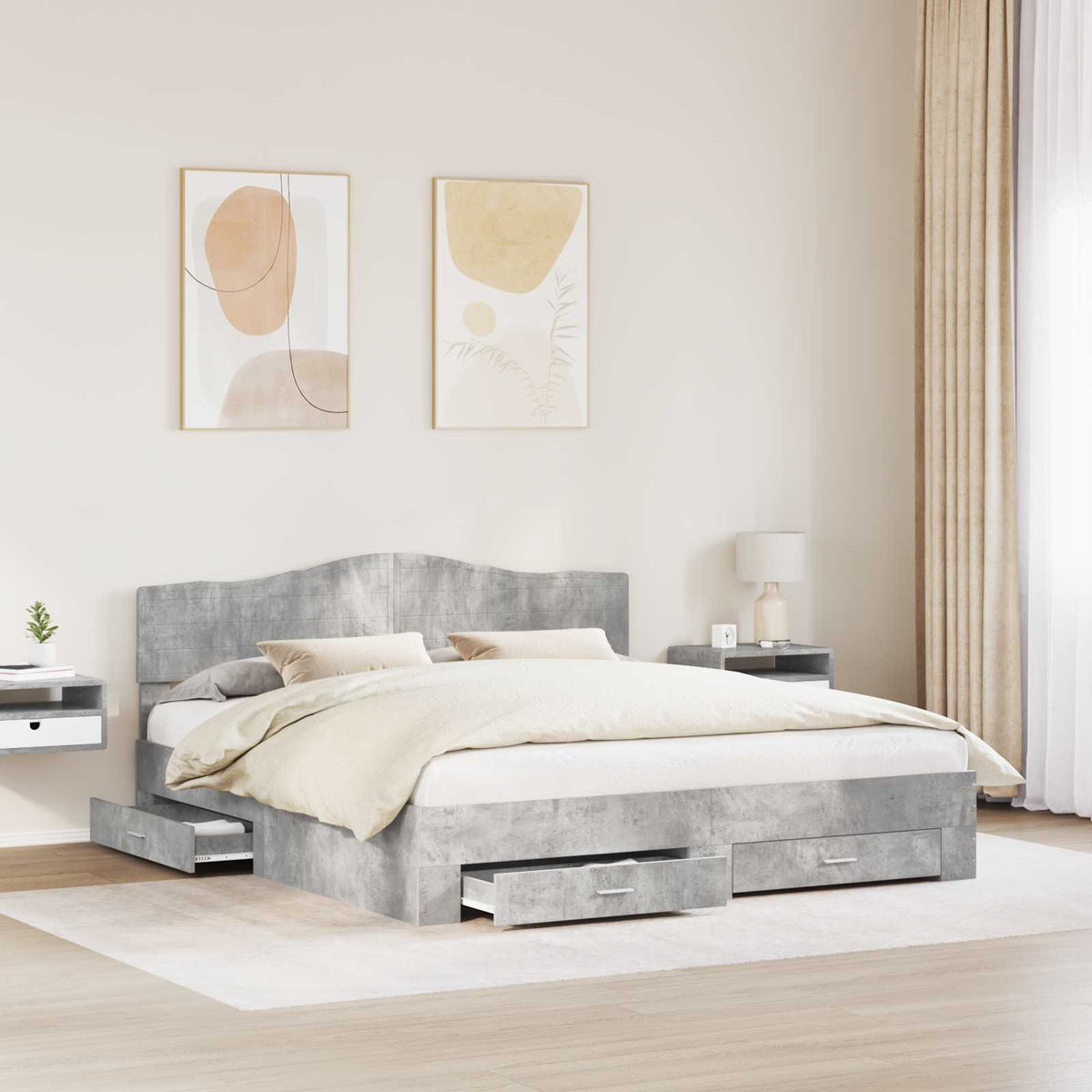 Ágykeret fiókkal tárolóval Beton Szürke 200 x 200 cm Szerelt Fa 3