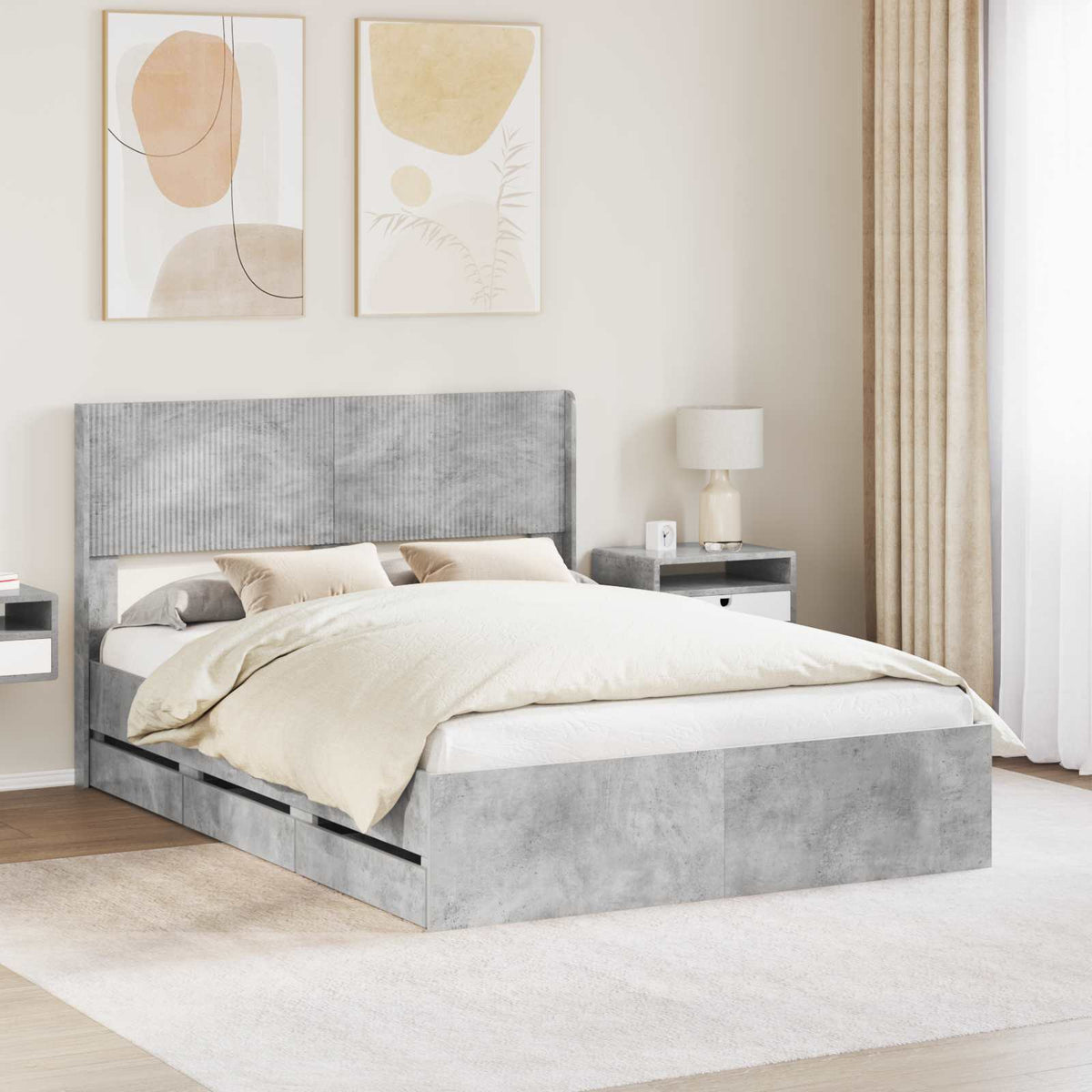 Ágykeret tárolóval és fejtámlával Betonszürke 135 x 190 cm