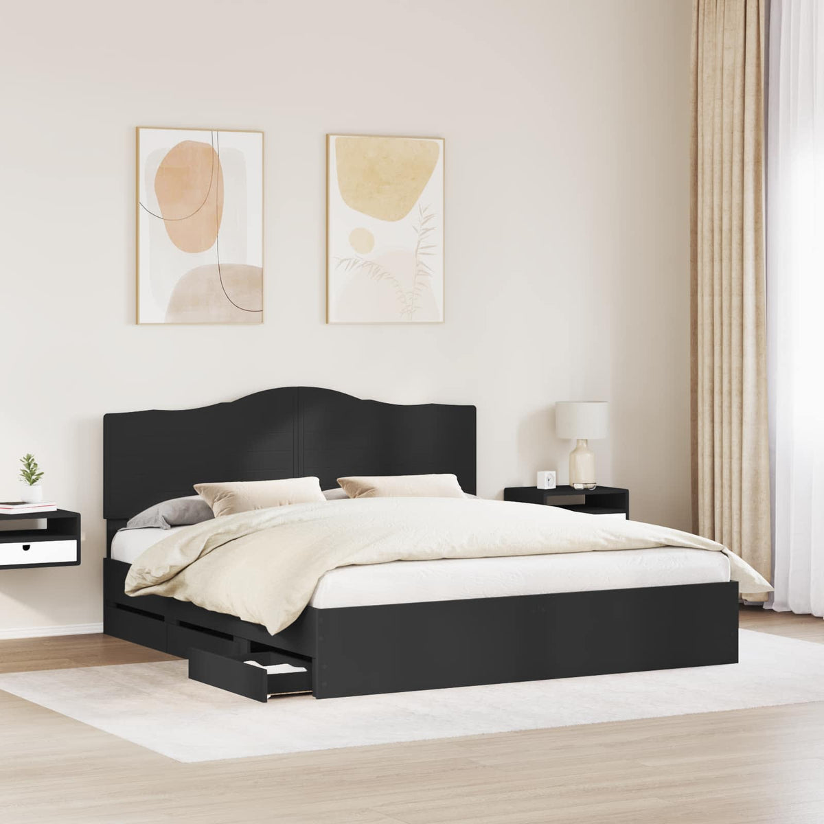 Ágykeret fiókkal fejtámlával Fekete 200 x 200 cm Mérnöki Fa 3