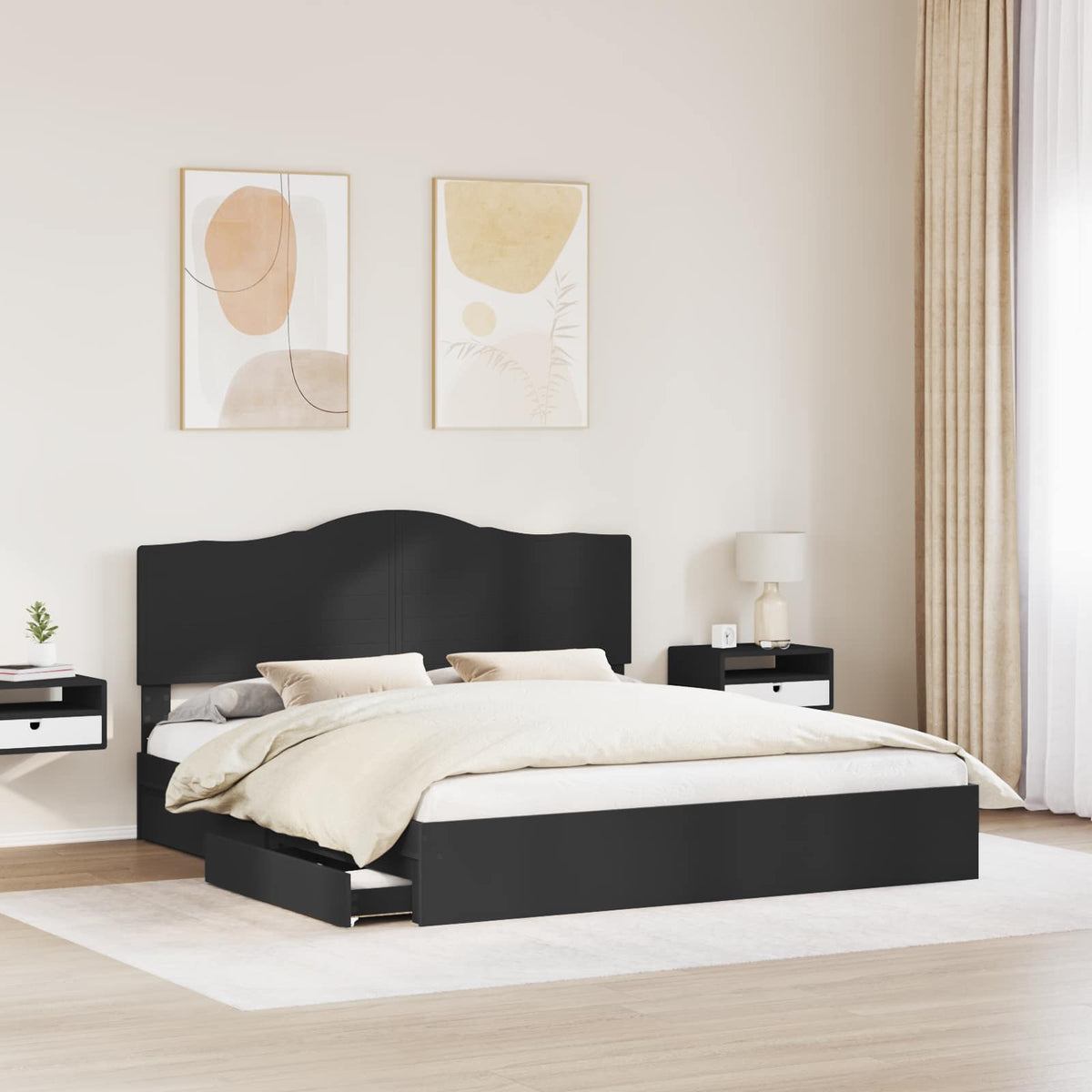 Tárolós Ágy fiókkal fejtámlával Fekete 200 x 200 cm Szerelt Fa 3