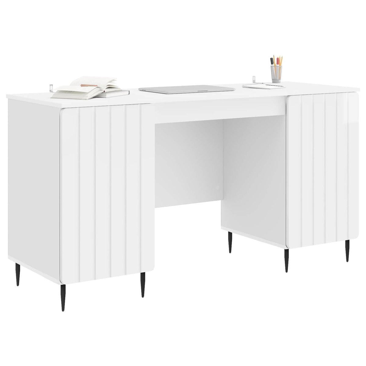 Asztal polcokkal Magasfényű Fehér 142,5 x 50 x 75 cm Szerelt Fa 3