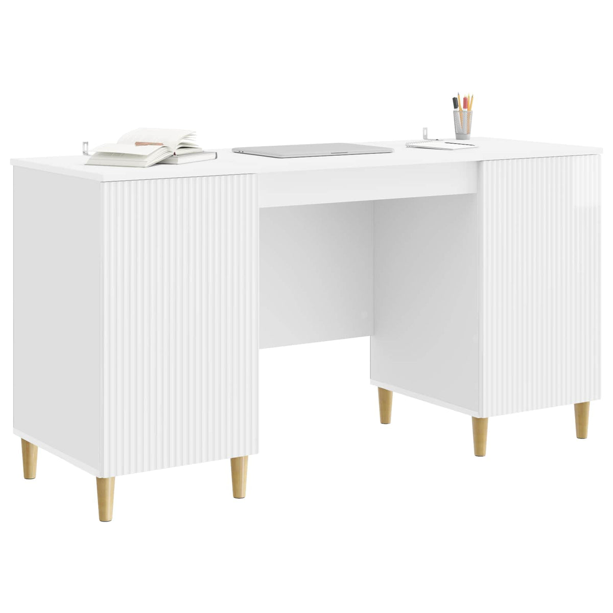 Asztal polcokkal Magasfényű Fehér 142,5 x 50 x 75 cm Szerelt Fa 3