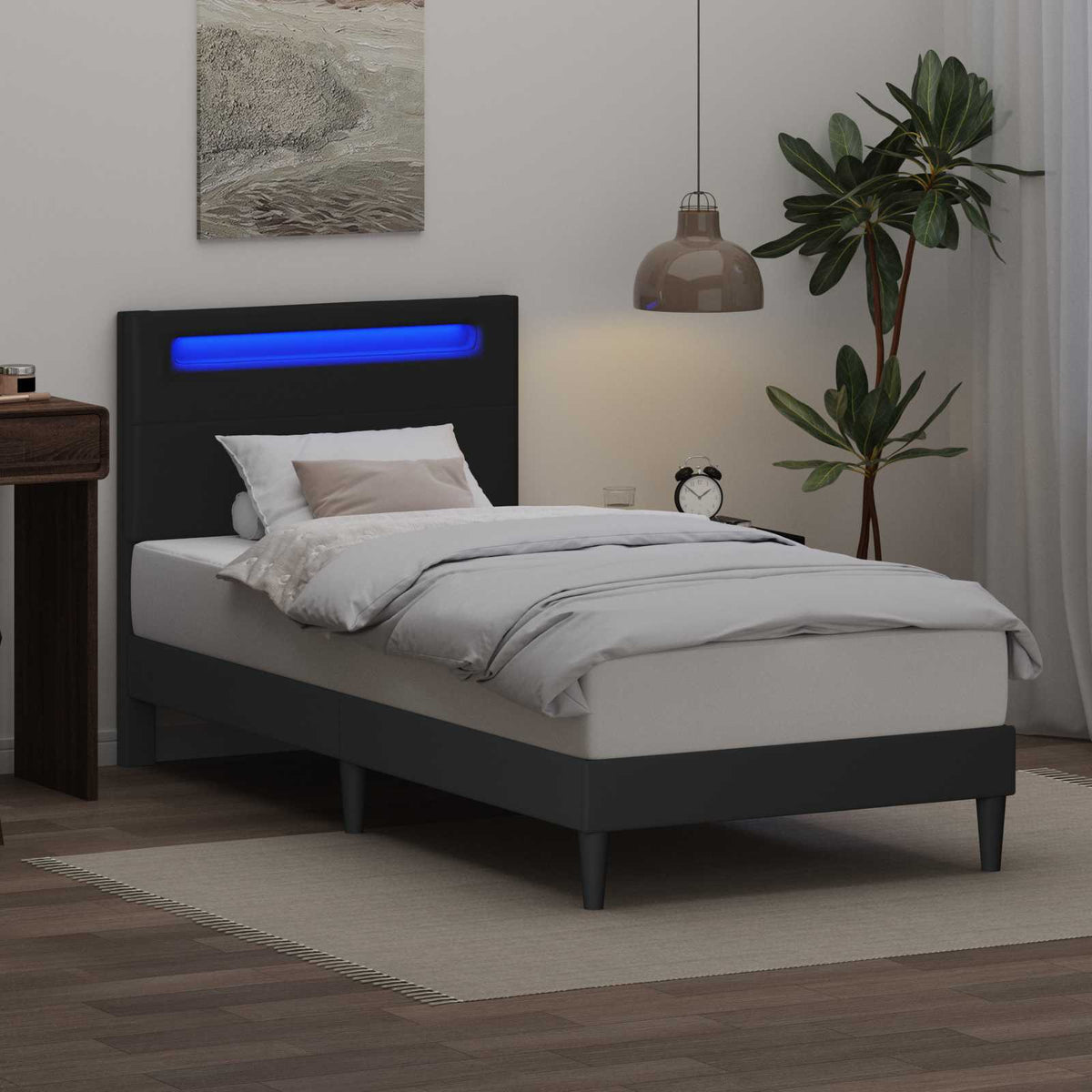 Ágykeret LED szalagokkal fejtámlával Fekete 90 x 190 cm Műbőr 4