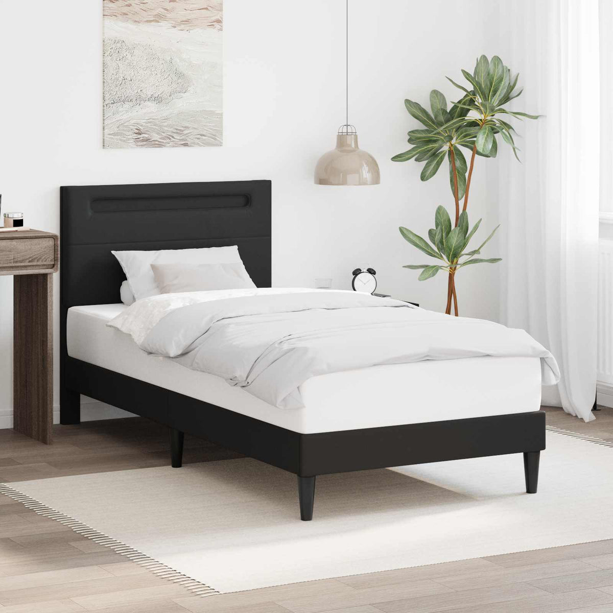 Ágykeret LED szalagokkal fejtámlával Fekete 90 x 190 cm Műbőr