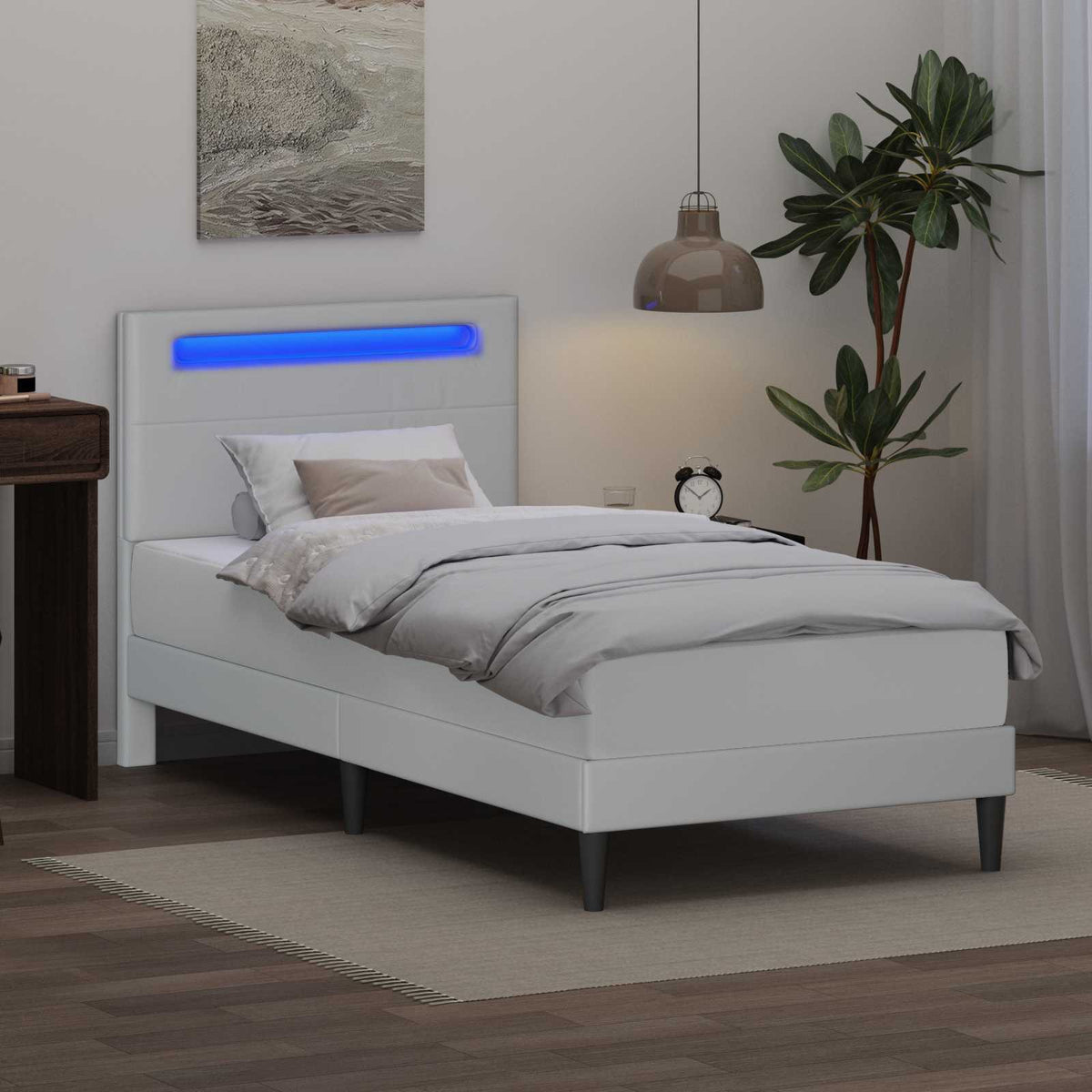 Ágykeret LED szalagokkal fejtámlával Fehér 90 x 190 cm Műbőr 4