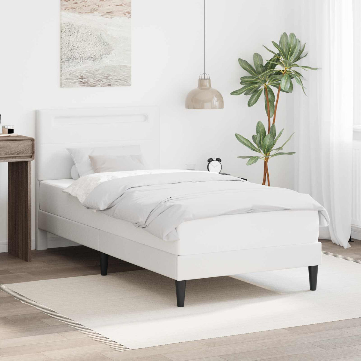 Ágykeret LED szalagokkal fejtámlával Fehér 90 x 190 cm Műbőr