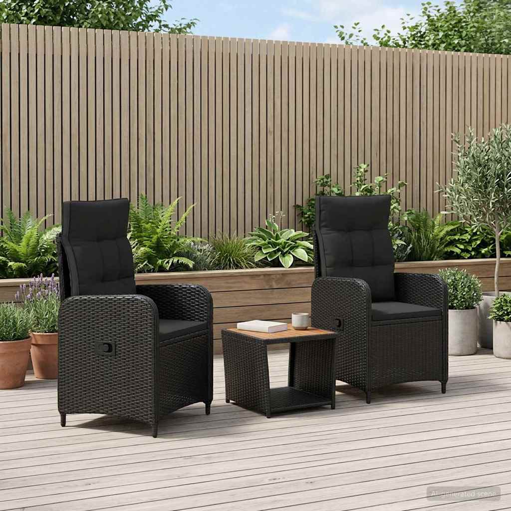 Kerti lounge szett 3 db Fekete PE rattan és porbevonatos acél