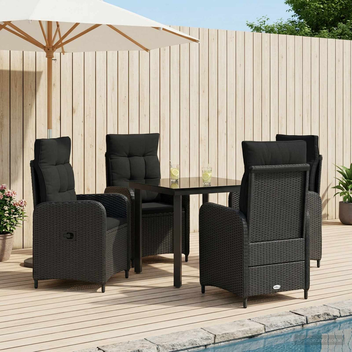 Kert étkező szett 5 db Fekete PE rattan és porbevonatos acél 3