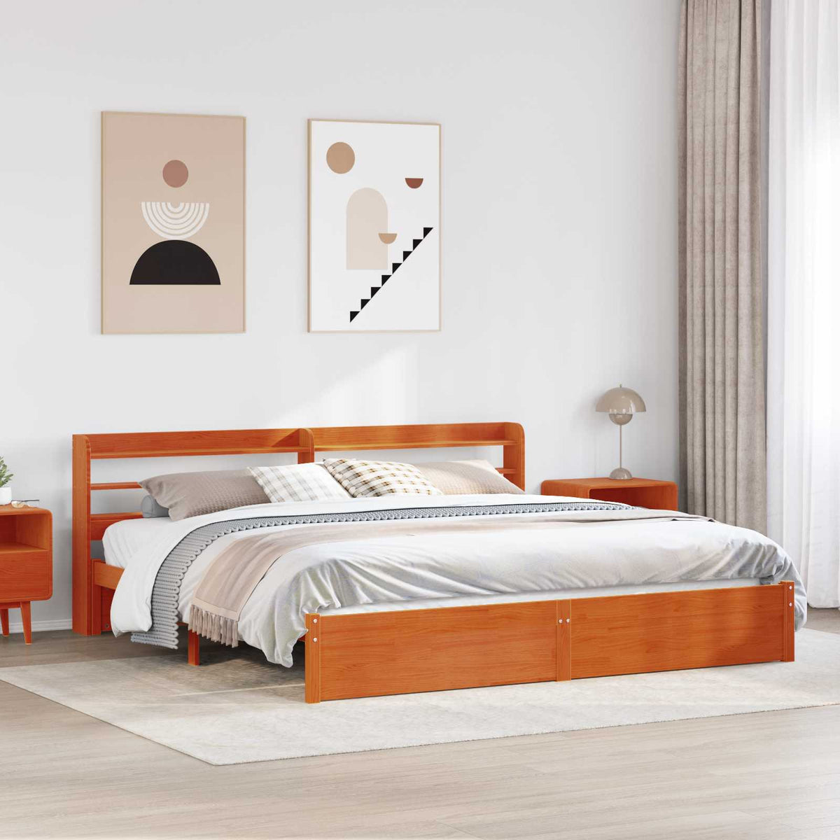 Ágykeret polcokkal Faggyú barna 200 x 200 cm Tömör fenyőfa