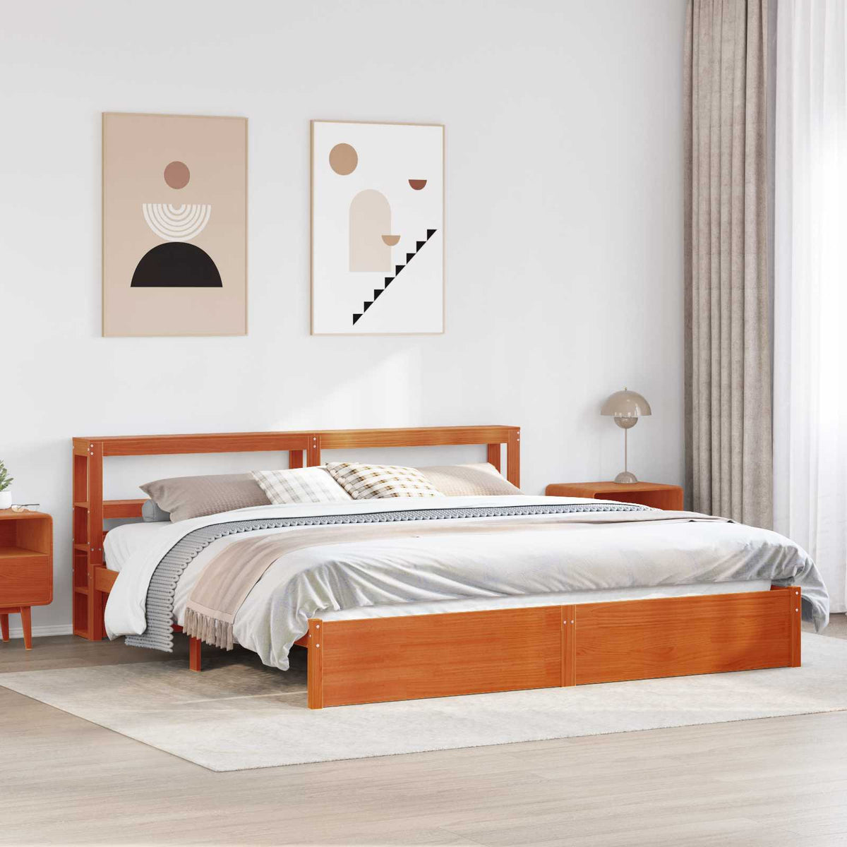Ágykeret polcokkal Faggyú barna 180 x 200 cm Tömör fenyőfa