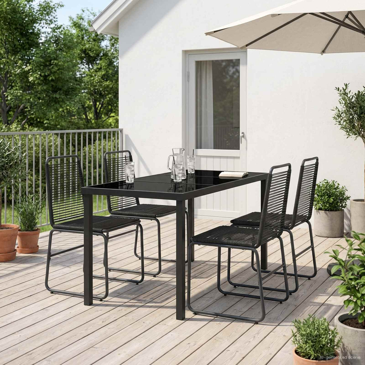 Kert szett 5 db Fekete Fém és Rattan