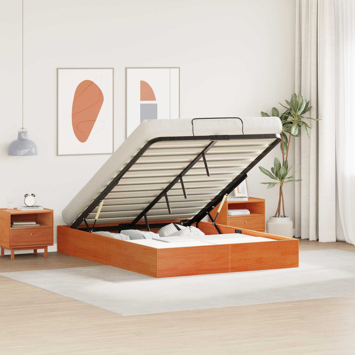 Tárolós ottomán ágykeret Viaszbarna 160 x 200 cm Tömör fenyő