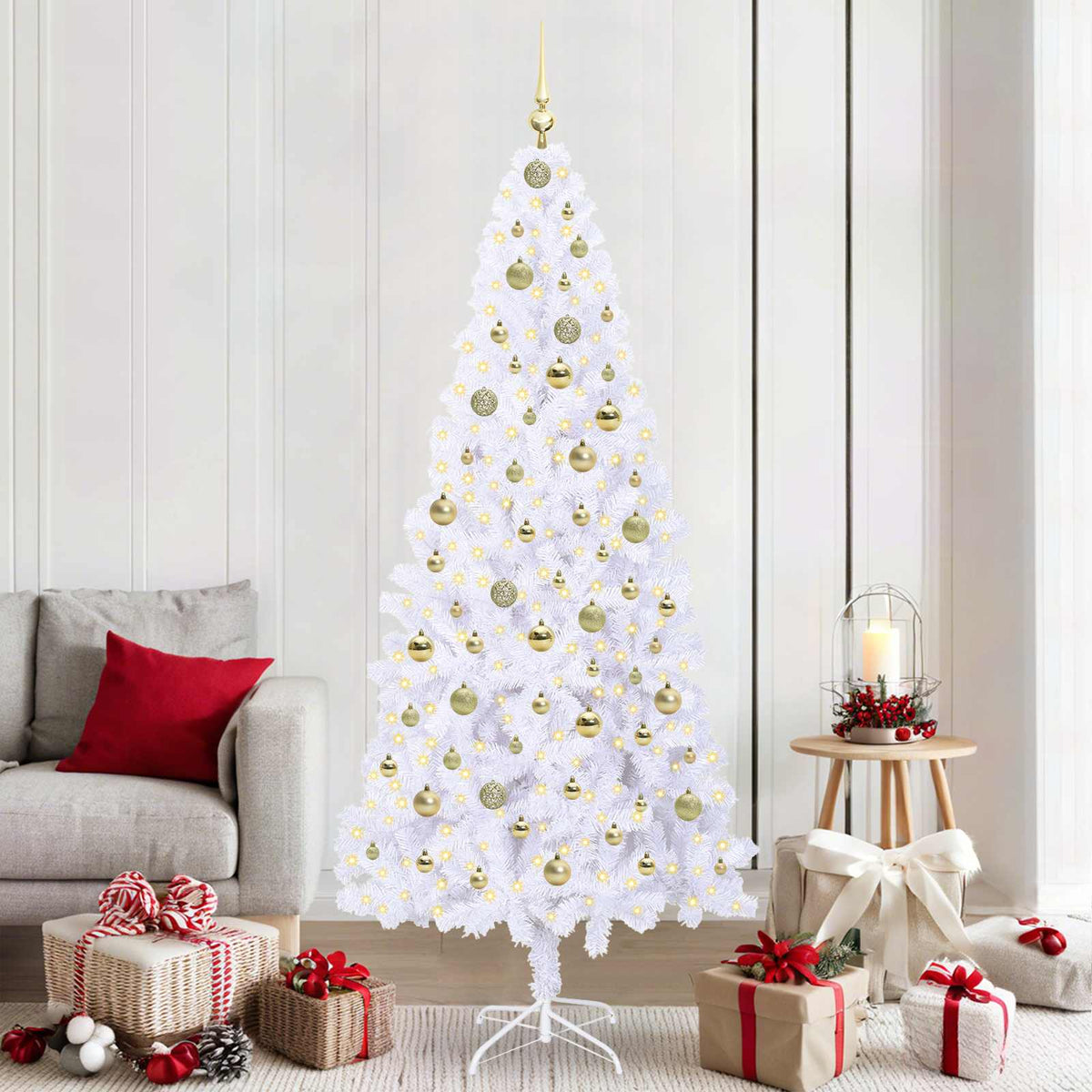 Mű karácsonyfa 300 LED-del állvánnyal Fehér 210 cm PVC és Acél