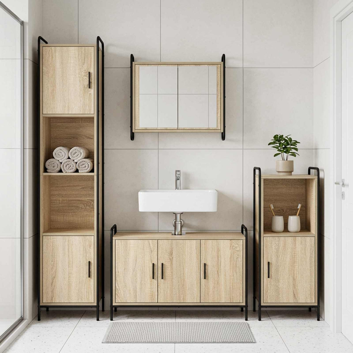 Fürdőszobai Szekrény Szett 2 db Sonoma Tölgy 65,5 x 34 x 61 cm