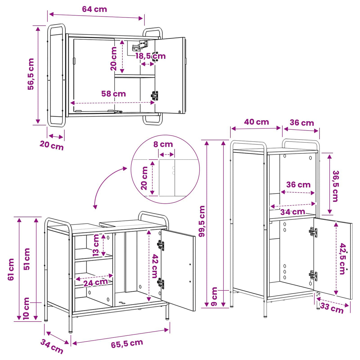 Fürdőszobai Szekrény Szett 3 db Fekete Tölgy 40 x 36 x 99,5 cm 15