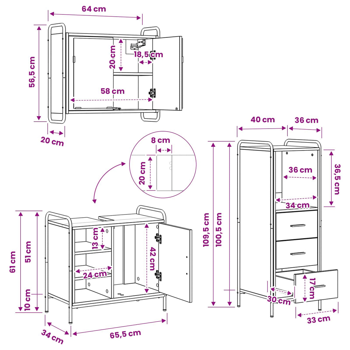 Fürdőszobai Szekrény Szett 3 db Fekete Tölgy 40 x 36 x 109,5 cm 12
