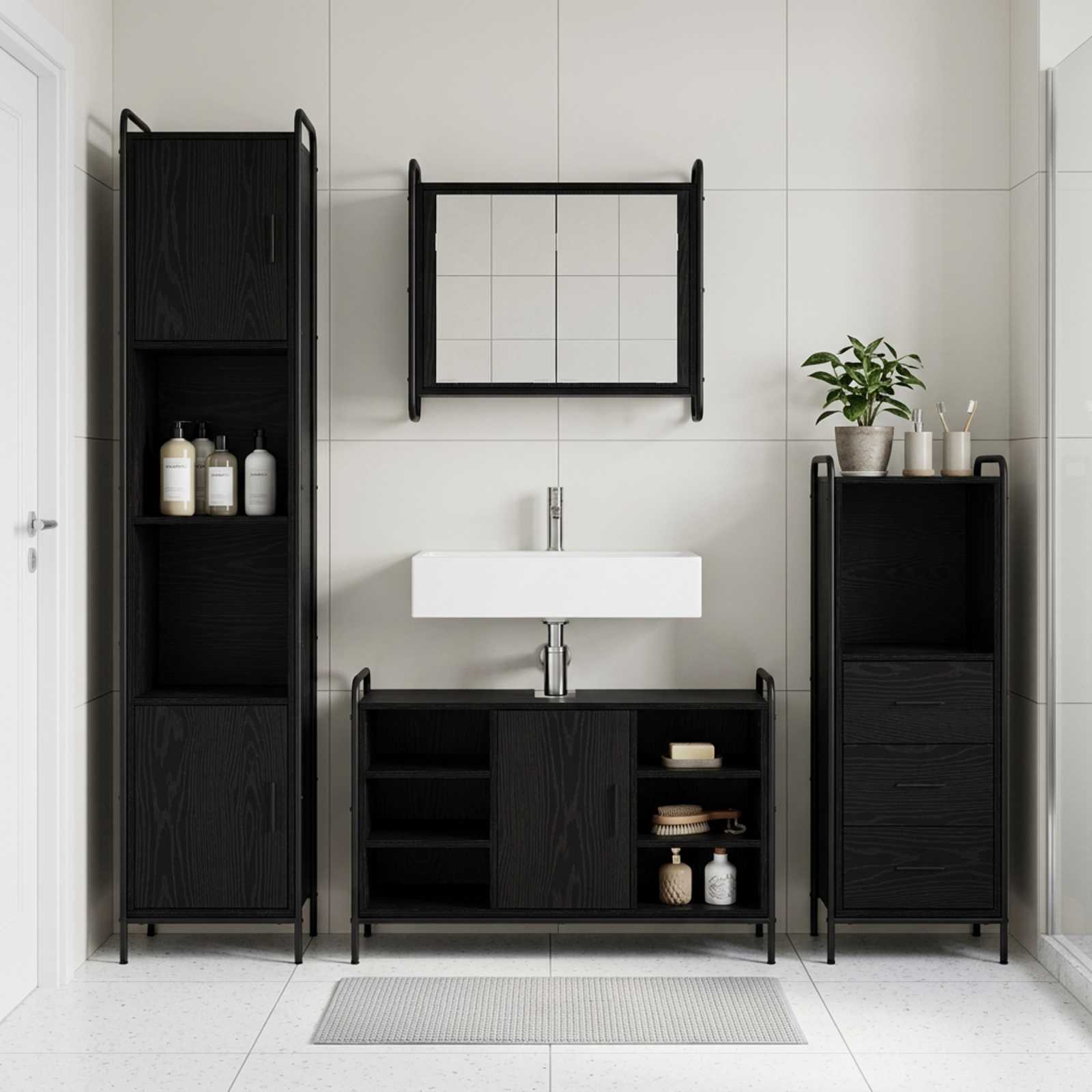 Fürdőszobai Szekrény Szett 4 db Fekete Tölgy 40 x 36 x 181 cm
