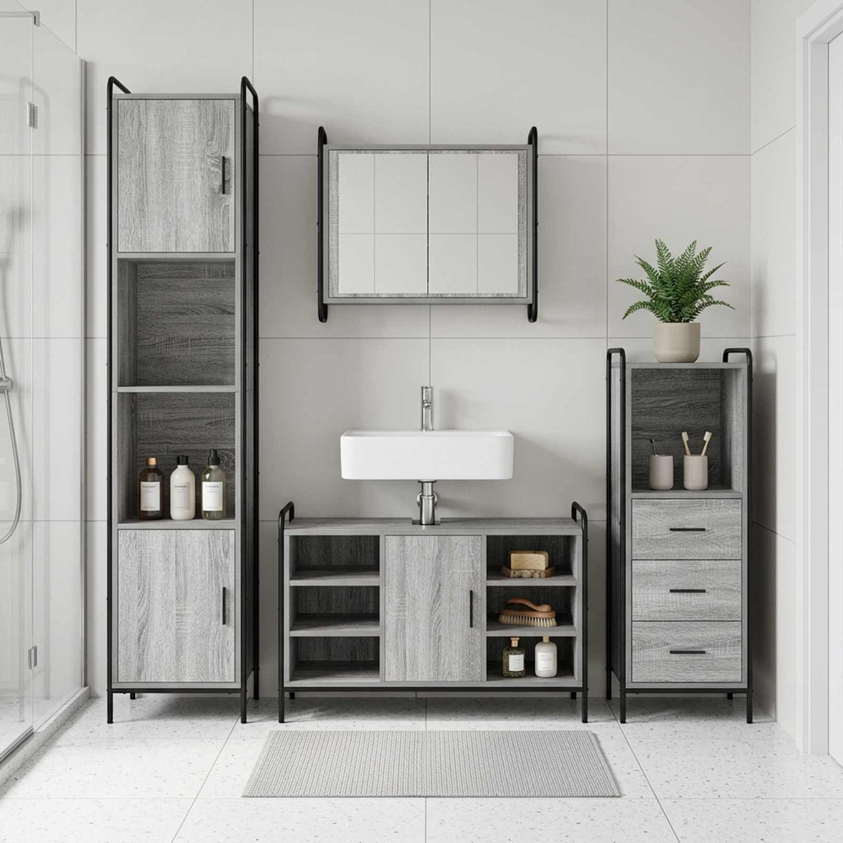 Fürdőszobai Szekrény Szett 4 db Szürke Sonoma 40 x 36 x 181 cm