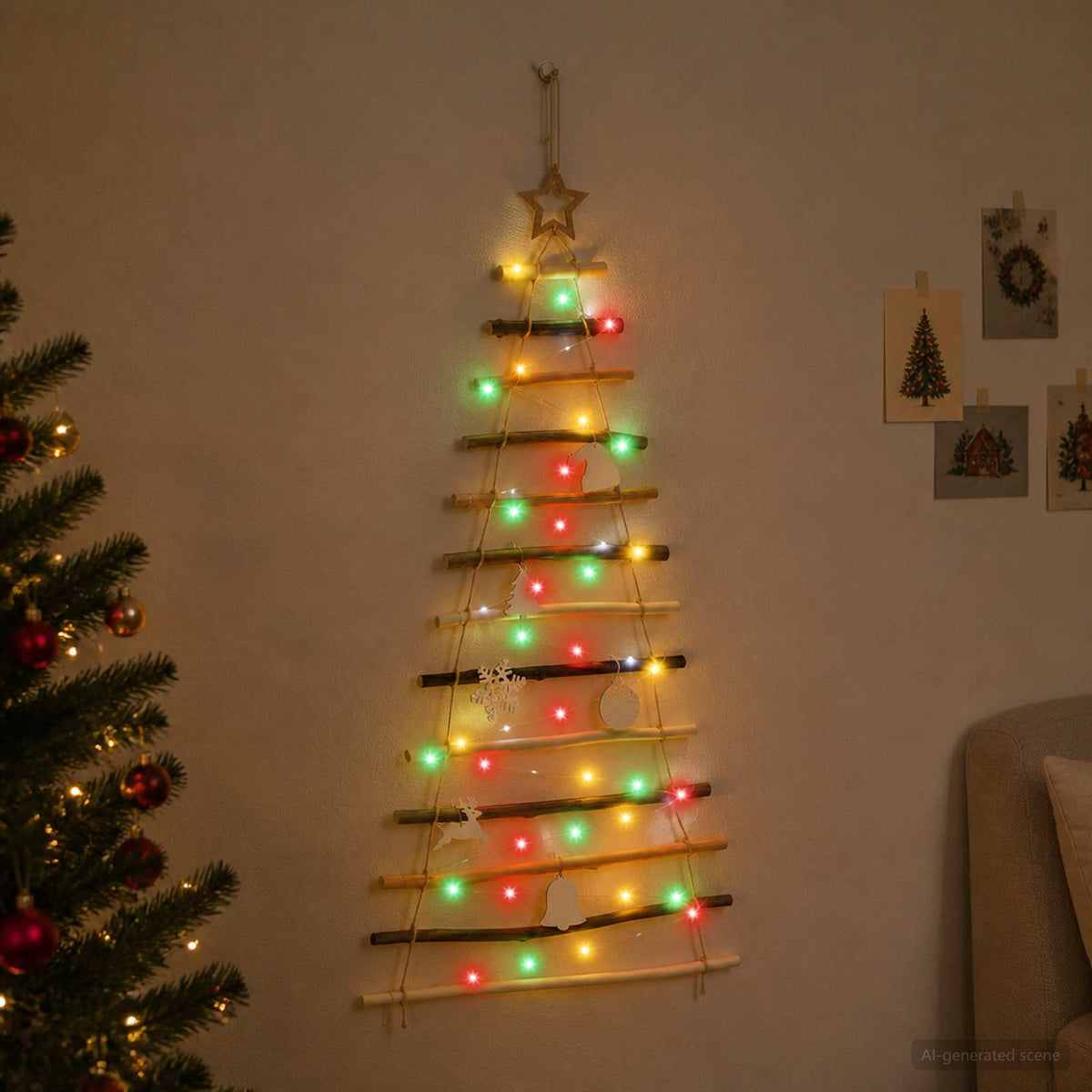 Akasztható karácsonyfa 120 cm 50 LED Többszínű Tömör Kőrisfa