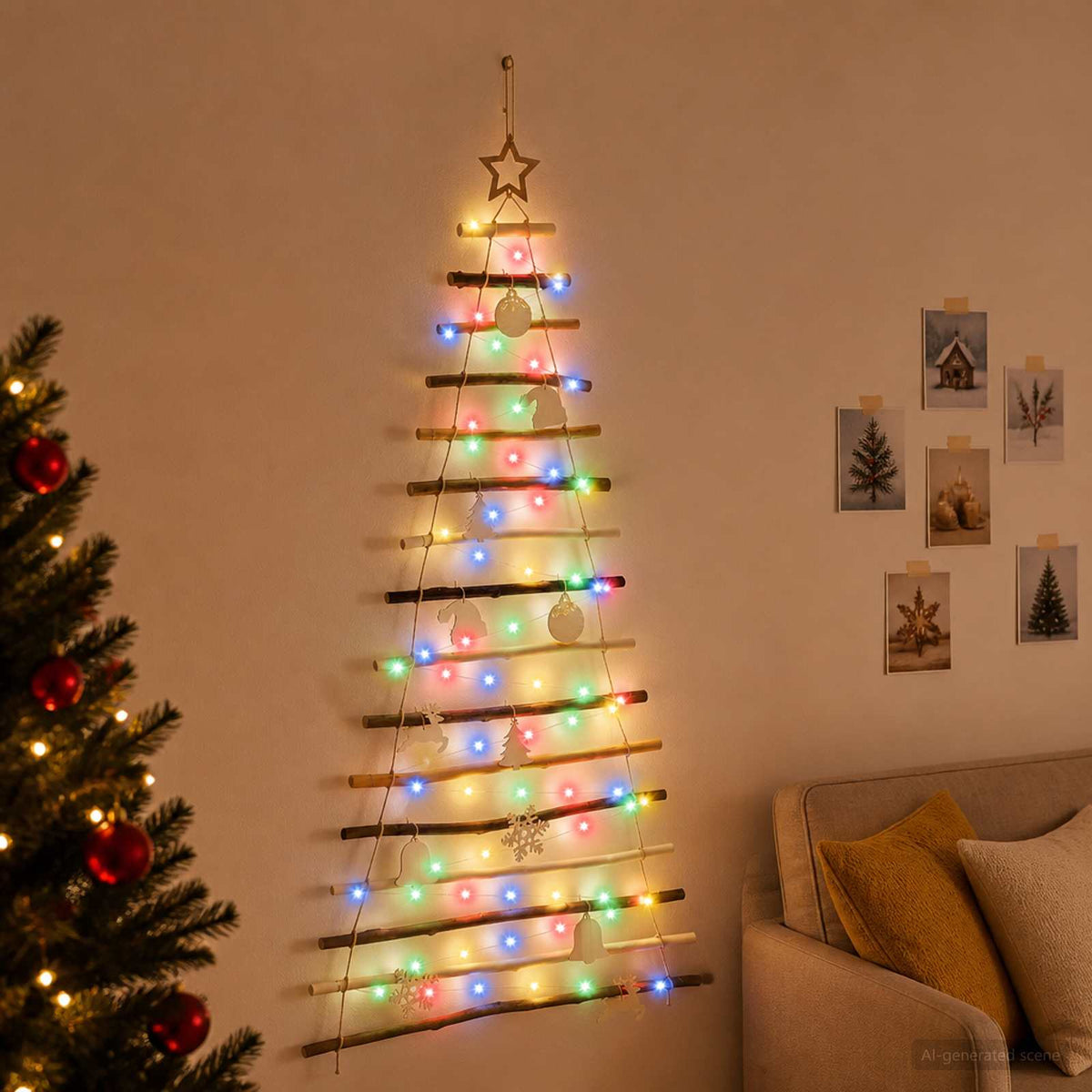 Akasztható karácsonyfa 150 cm 80 LED Többszínű Tömör Kőrisfa 3