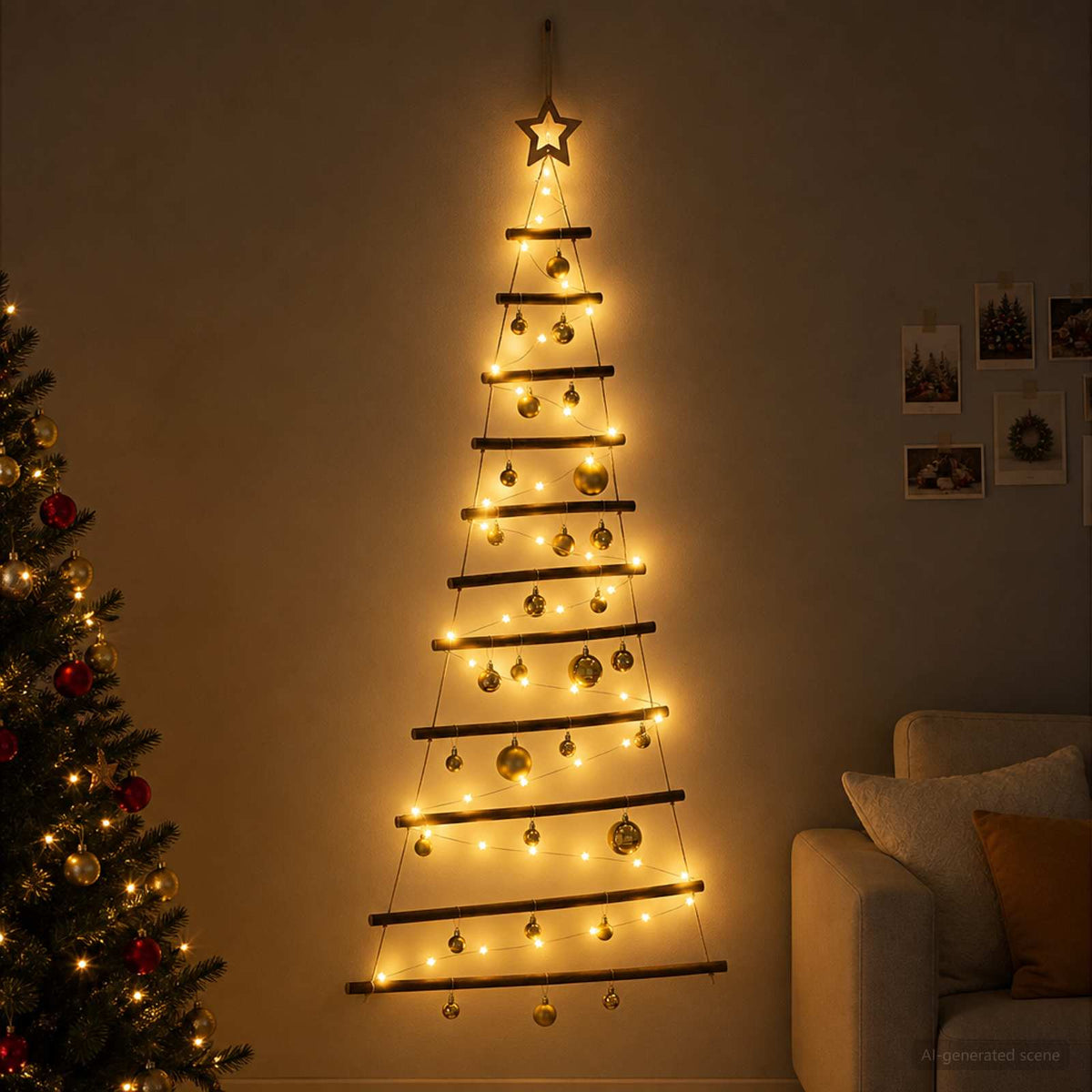 Függő karácsonyfa gömbökkel 150 cm 80 LED Meleg fehér 3