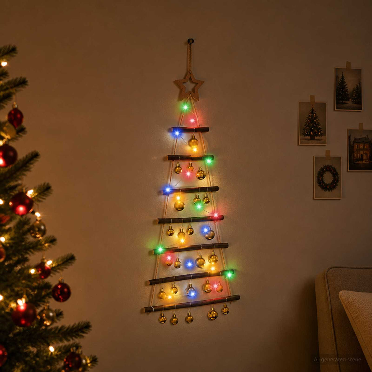 Függő karácsonyfa gömbökkel 90 cm 30 LED Többszínű