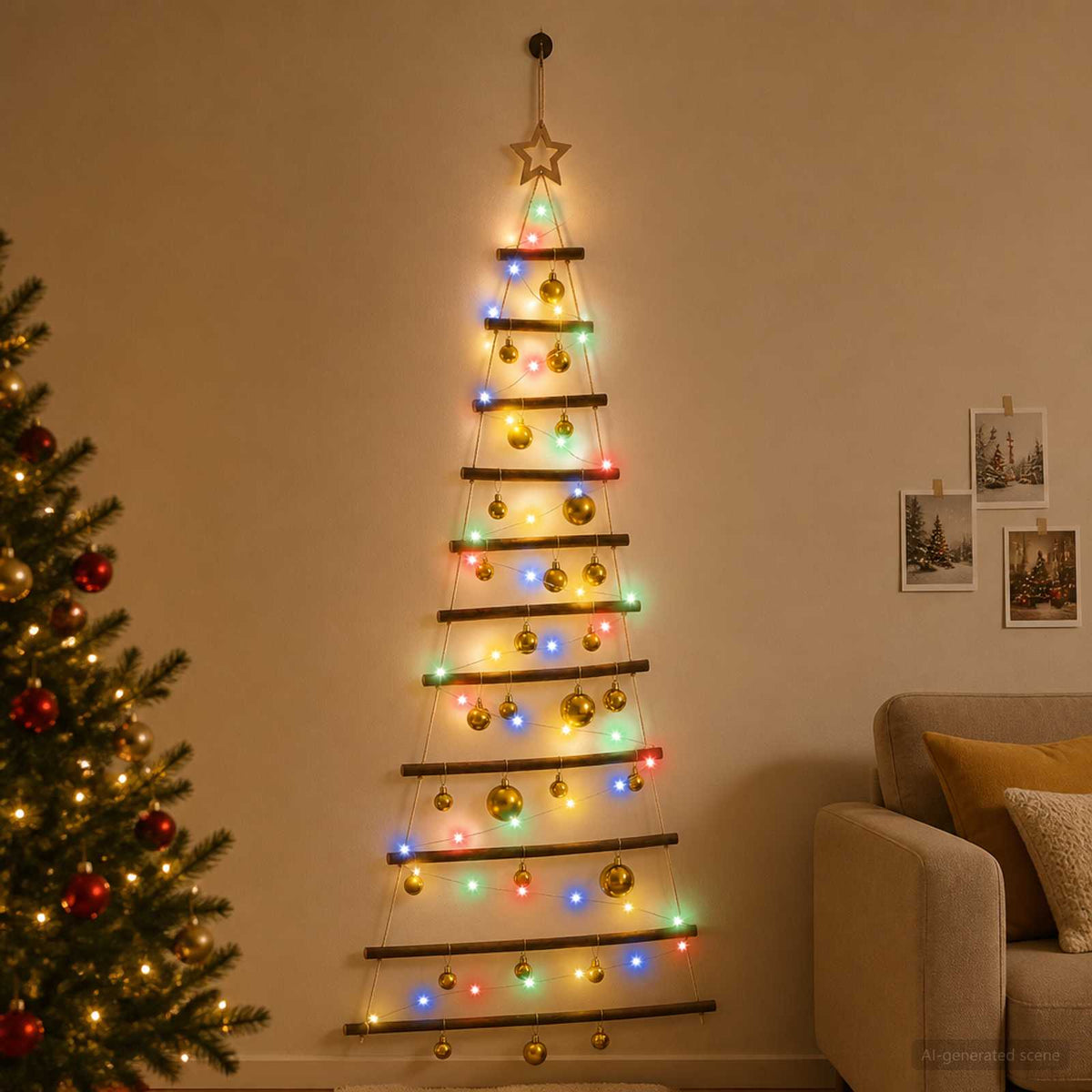Függő karácsonyfa gömbökkel 150 cm 80 LED Többszínű