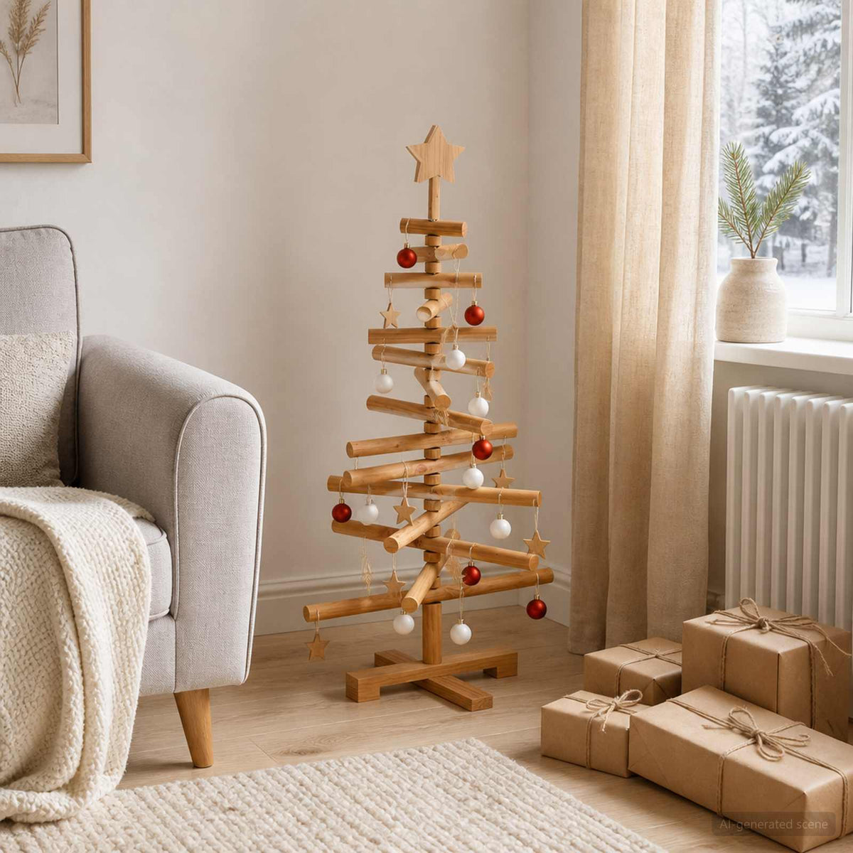 Fából készült Karácsonyfa KOTKA 90 cm Tömör Fenyőfa Barna Finis