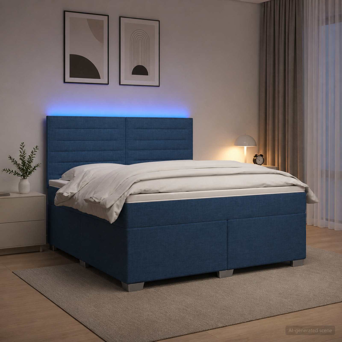 Boxspring ágy matraccal LED szalagokkal Kék 160 x 200 cm Szövet