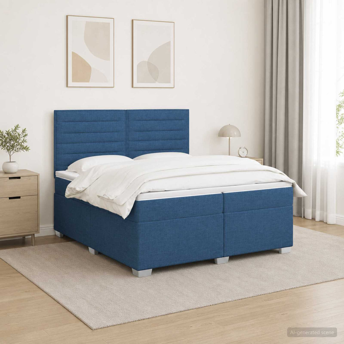 Boxspring ágy matraccal LED szalagokkal Kék 200 x 200 cm Szövet