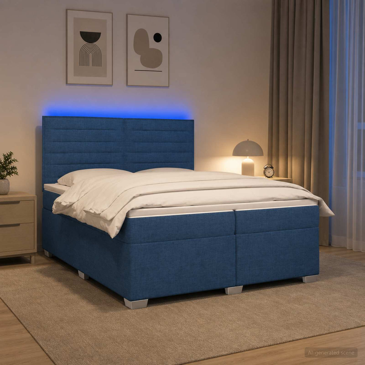 Boxspring ágy matraccal LED szalagokkal Kék 200 x 200 cm Szövet 4